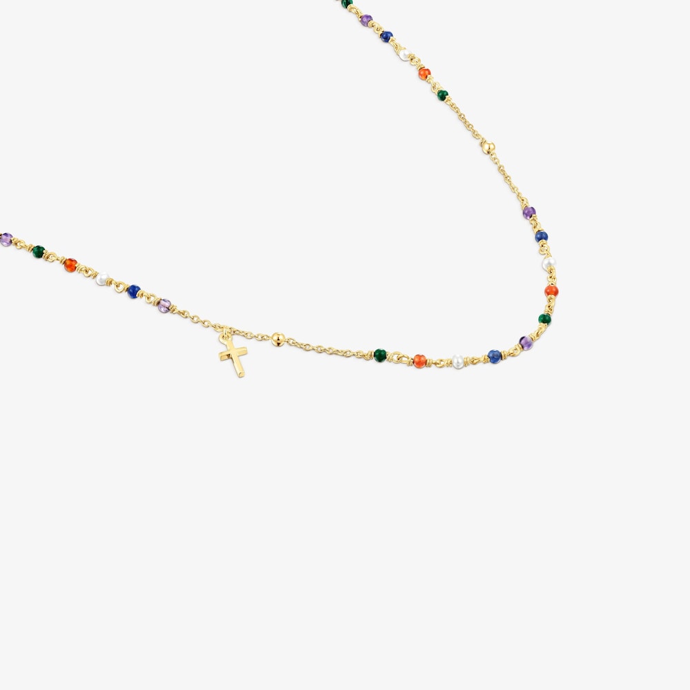 Collar rosario con ba&ntilde;o de oro 18 kt sobre plata y gemas y motivo cruz Tamara Falc&oacute; X TOUS