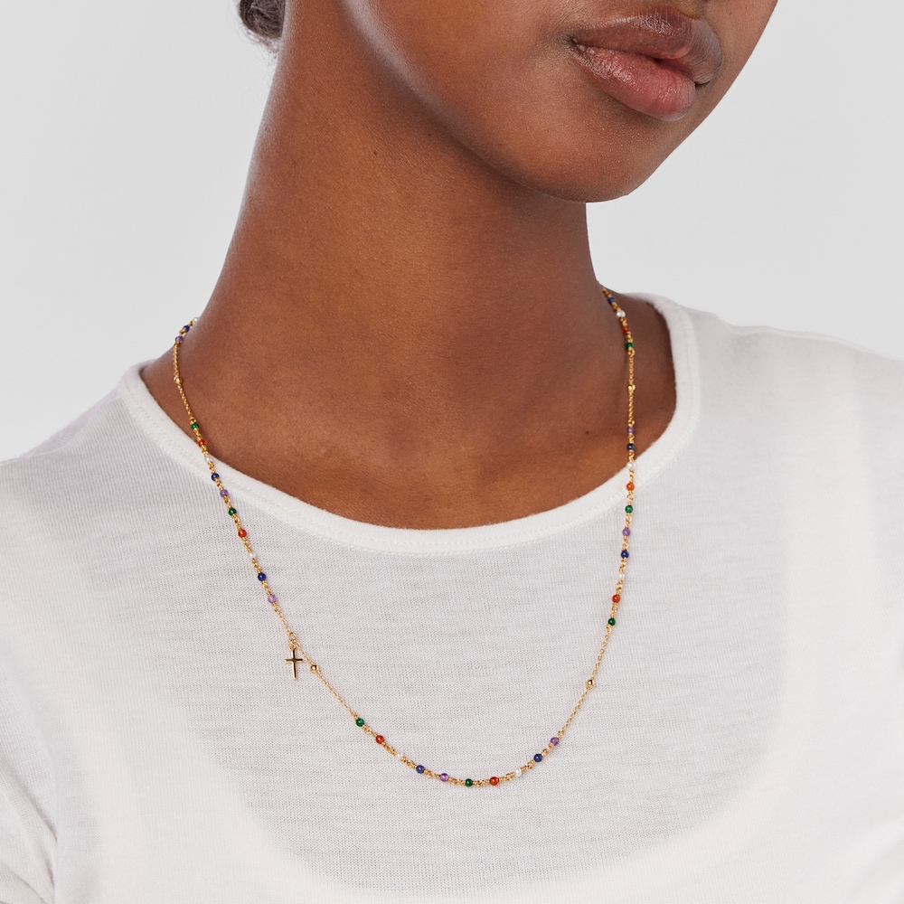Collar rosario con ba&ntilde;o de oro 18 kt sobre plata y gemas y motivo cruz Tamara Falc&oacute; X TOUS