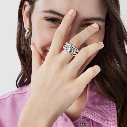 Twisted braided silver ring bear motif