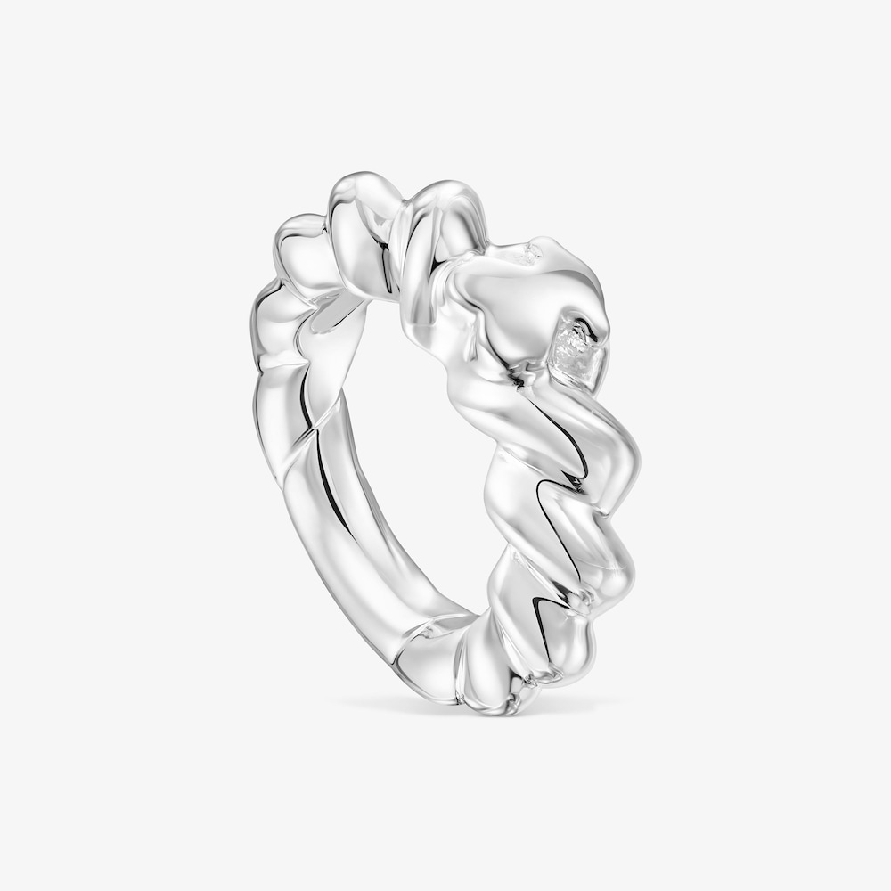 Twisted braided silver ring bear motif