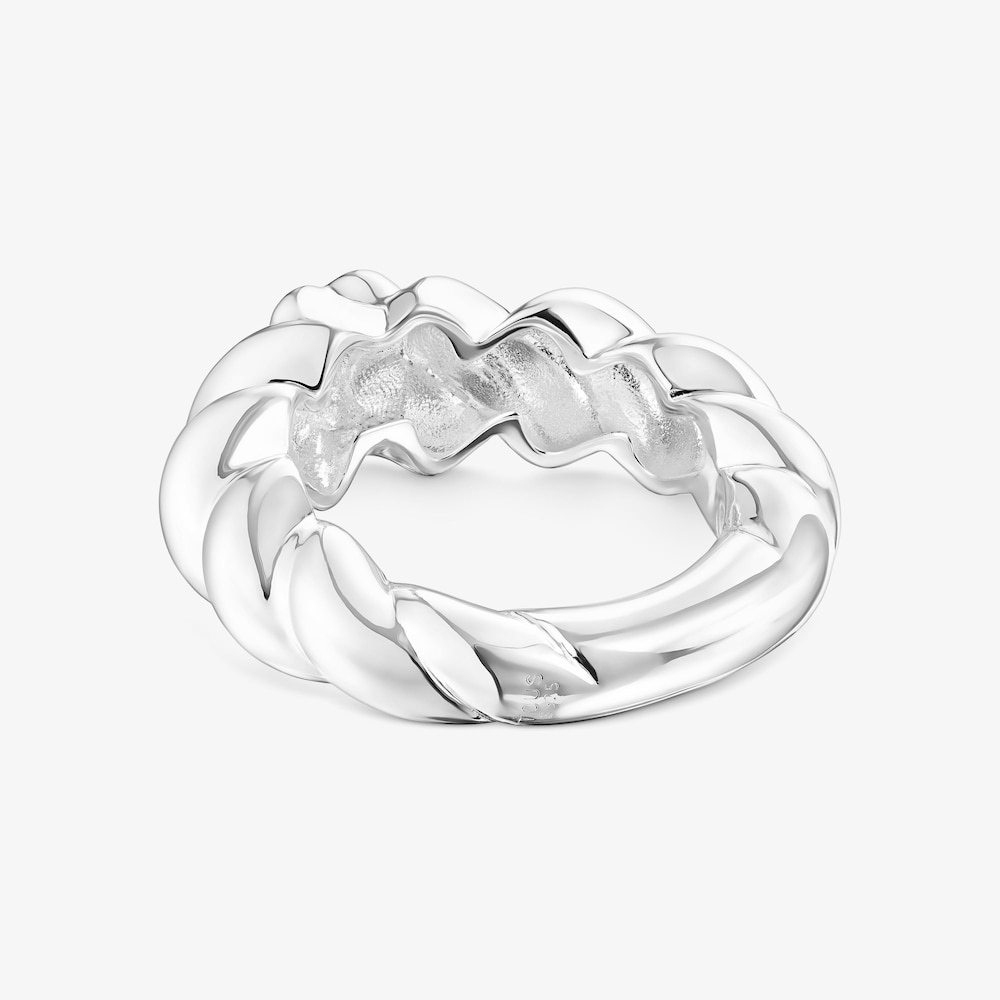 Twisted braided silver ring bear motif