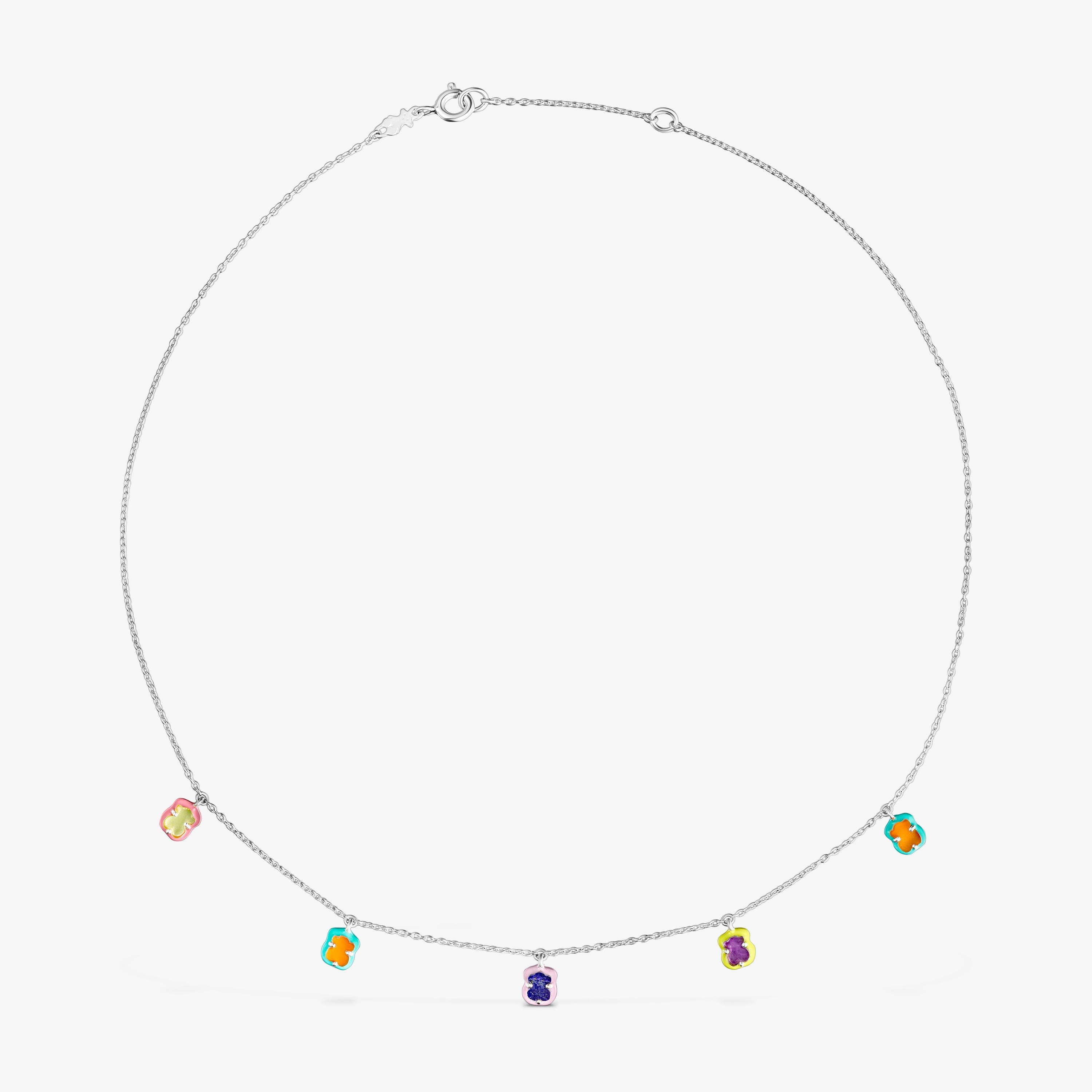 Silver TOUS Vibrant Colors bear charm Necklace with gemstones and enamel