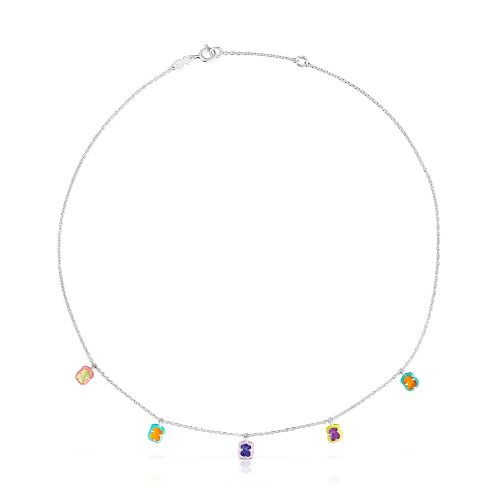 Silver TOUS Vibrant Colors bear charm Necklace with gemstones and enamel