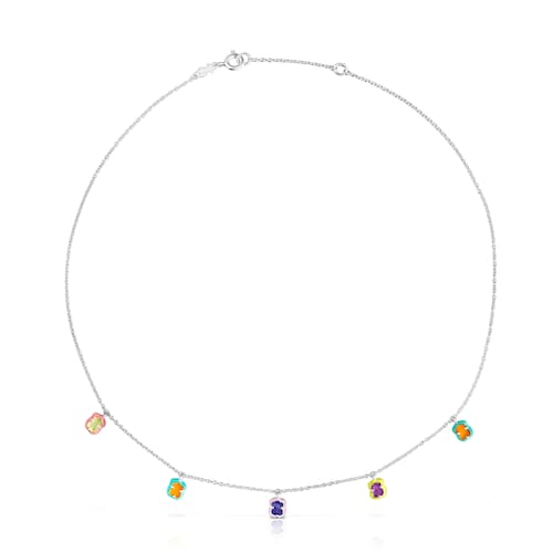Silver TOUS Vibrant Colors bear charm Necklace with gemstones and enamel