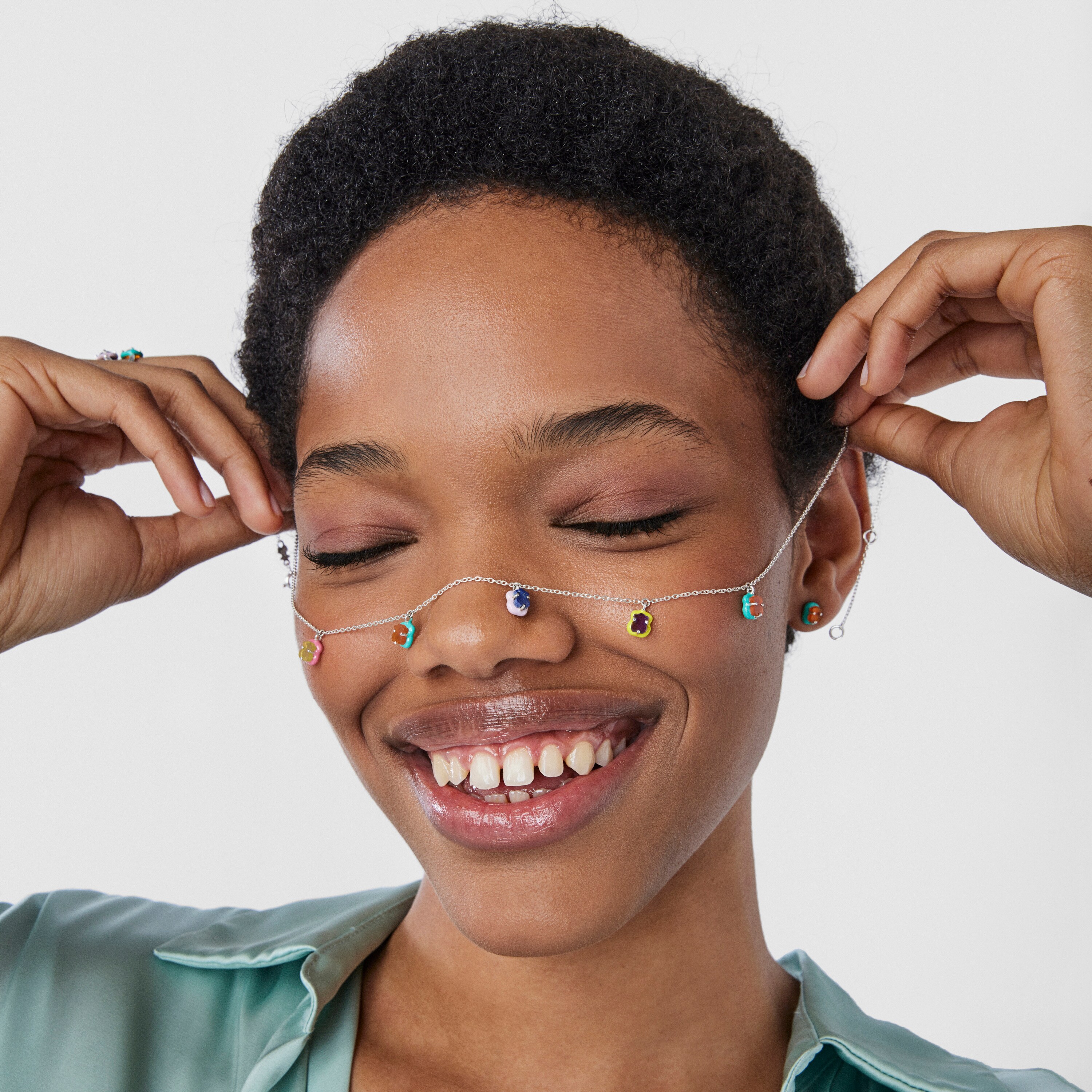 Silver TOUS Vibrant Colors bear charm Necklace with gemstones and enamel