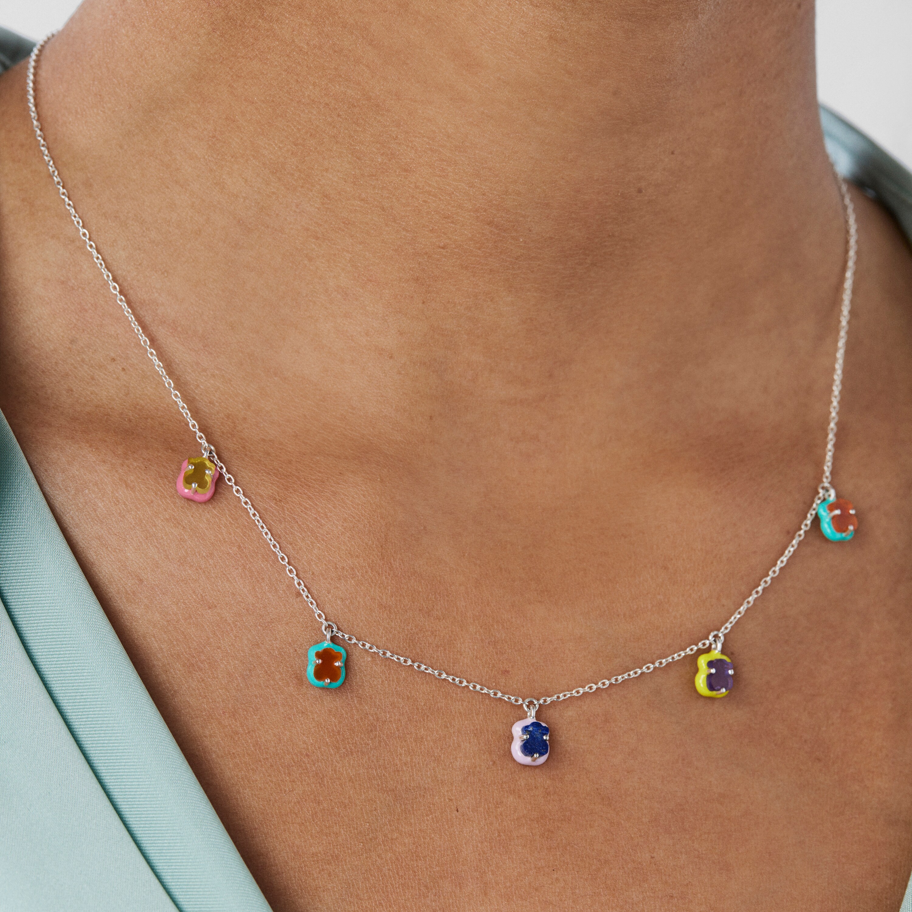 Silver TOUS Vibrant Colors bear charm Necklace with gemstones and enamel