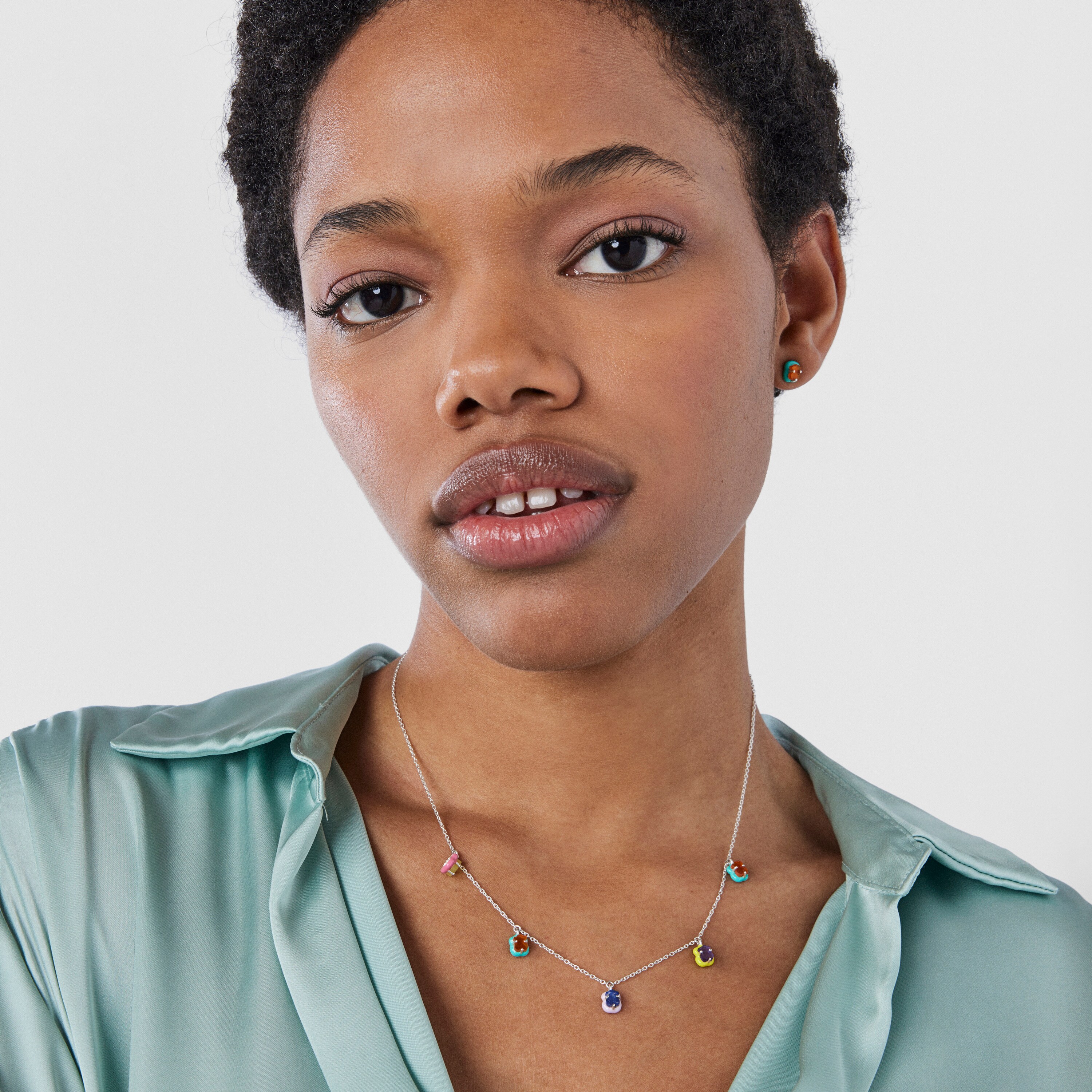 Silver TOUS Vibrant Colors bear charm Necklace with gemstones and enamel