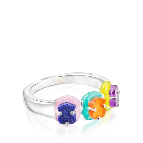 Ring TOUS Vibrant Colors aus Silber mit Bären-Anhänger aus Edelsteinen und Emaille