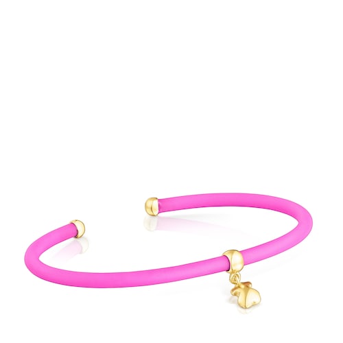 Pulseira TOUS Beach Caucho na cor rosa, urso pendurado e prata vermeil