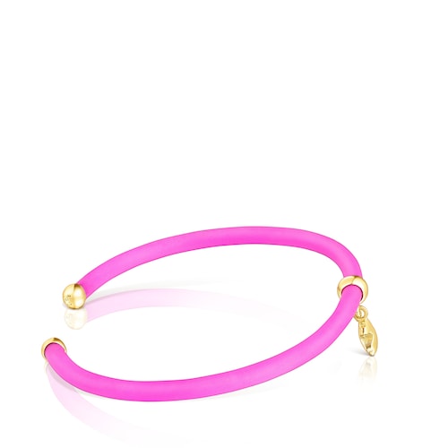Pulseira TOUS Beach Caucho na cor rosa, urso pendurado e prata vermeil