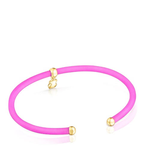 Pulseira TOUS Beach Caucho na cor rosa, urso pendurado e prata vermeil