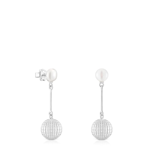 Silver St Tropez Disco bear ball Earrings with cultured pearl 12 mm