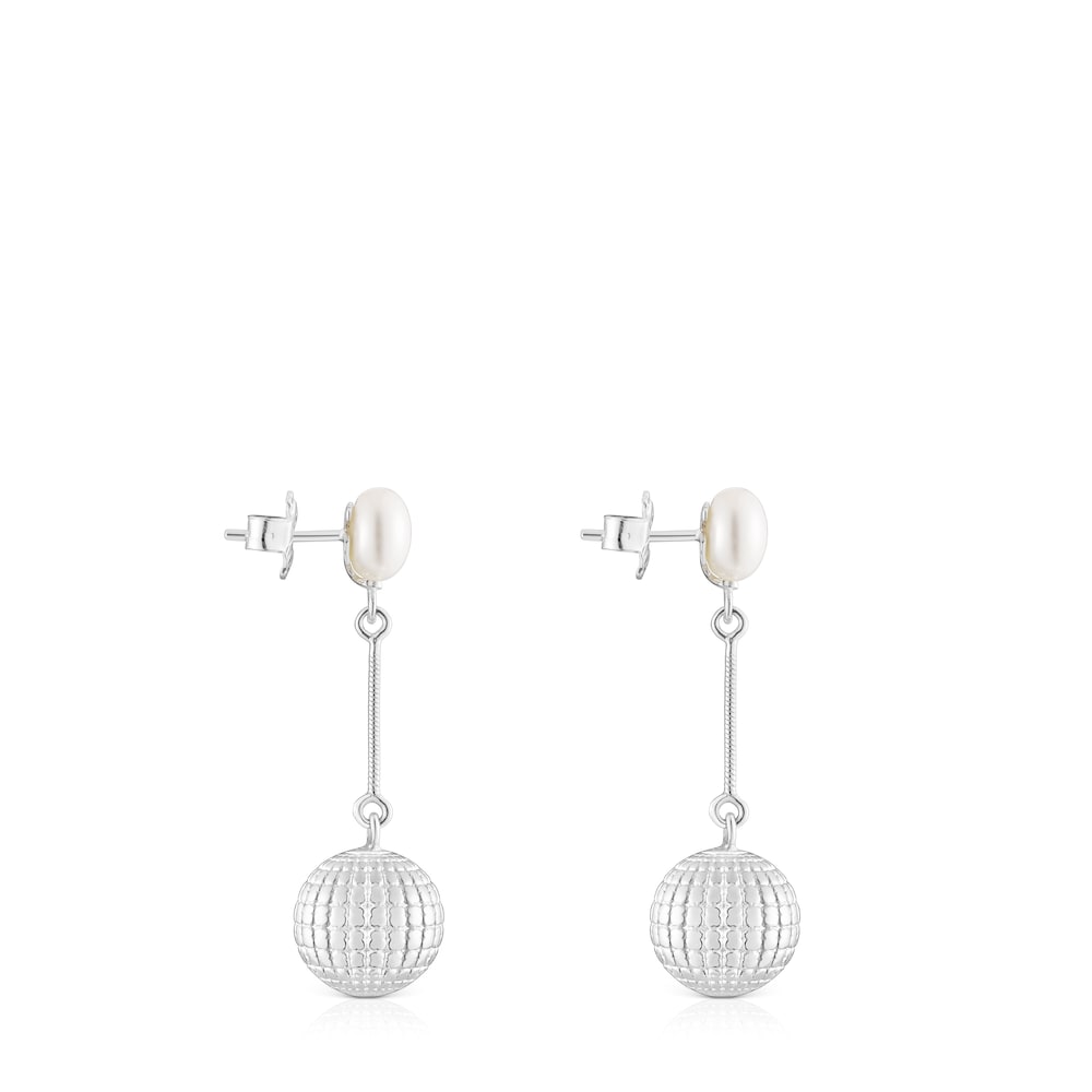 Silver St Tropez Disco bear ball Earrings with cultured pearl 12 mm image number 1