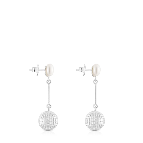 Silver St Tropez Disco bear ball Earrings with cultured pearl 12 mm