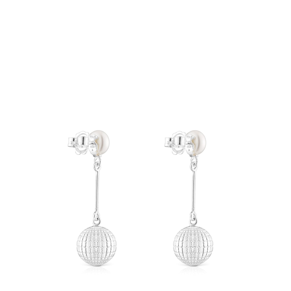 Silver St Tropez Disco bear ball Earrings with cultured pearl 12 mm image number 2