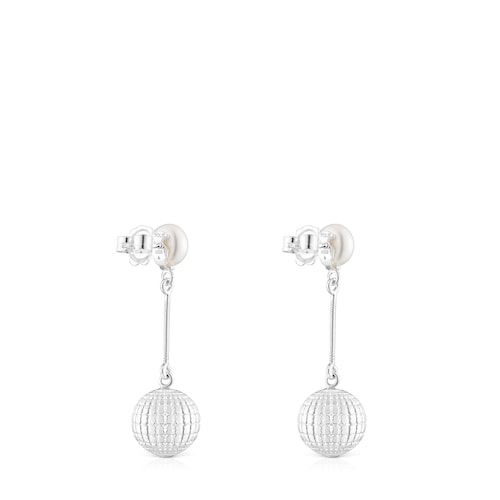 Silver St Tropez Disco bear ball Earrings with cultured pearl 12 mm