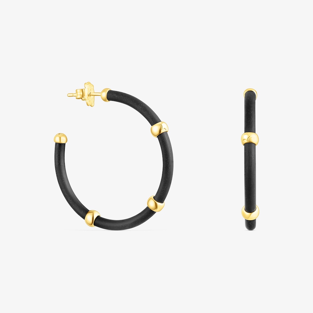 Brincos aro Beach Caucho na cor preta e prata vermeil