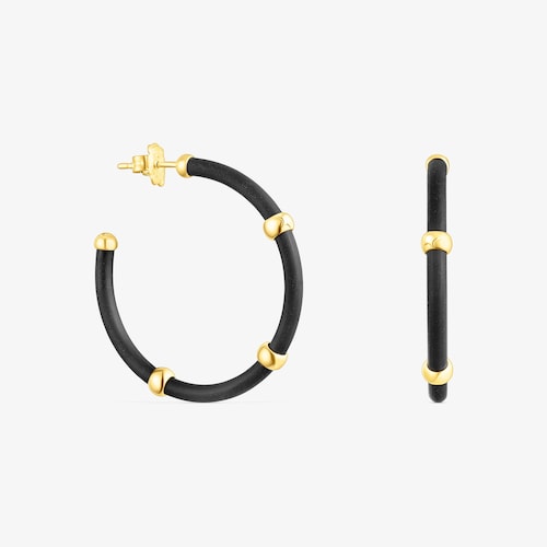 Brincos aro Beach Caucho na cor preta e prata vermeil