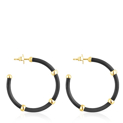 Brincos aro Beach Caucho na cor preta e prata vermeil