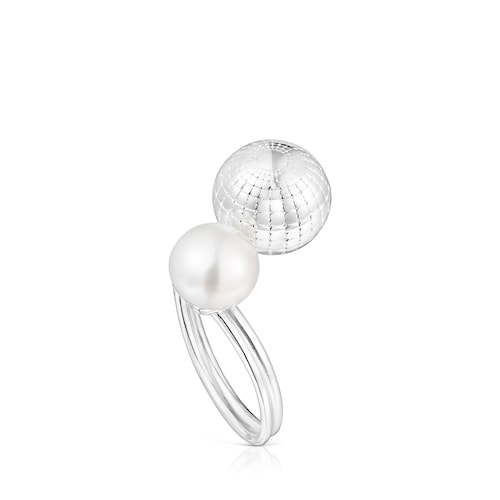 Silver St Tropez Disco bear ball Open ring with cultured pearl