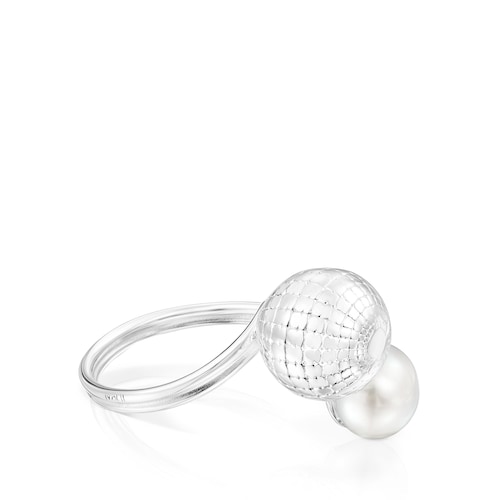 Silver St Tropez Disco bear ball Open ring with cultured pearl