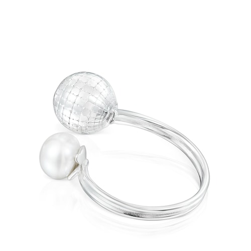 Silver St Tropez Disco bear ball Open ring with cultured pearl