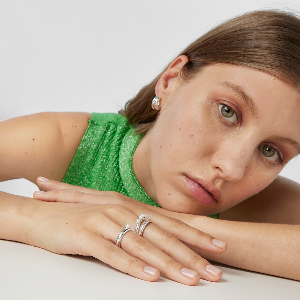 Anel duplo TOUS Fellow em prata com p&eacute;rolas