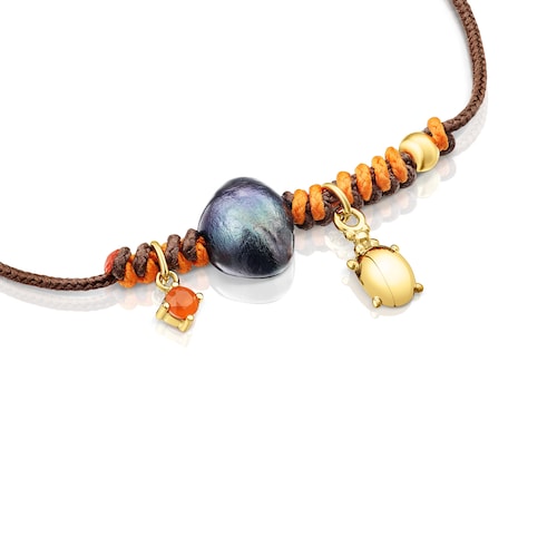 Pulseira Virtual&nbsp;Garden em nylon com carnelian e p&eacute;rola cultivada cinzenta