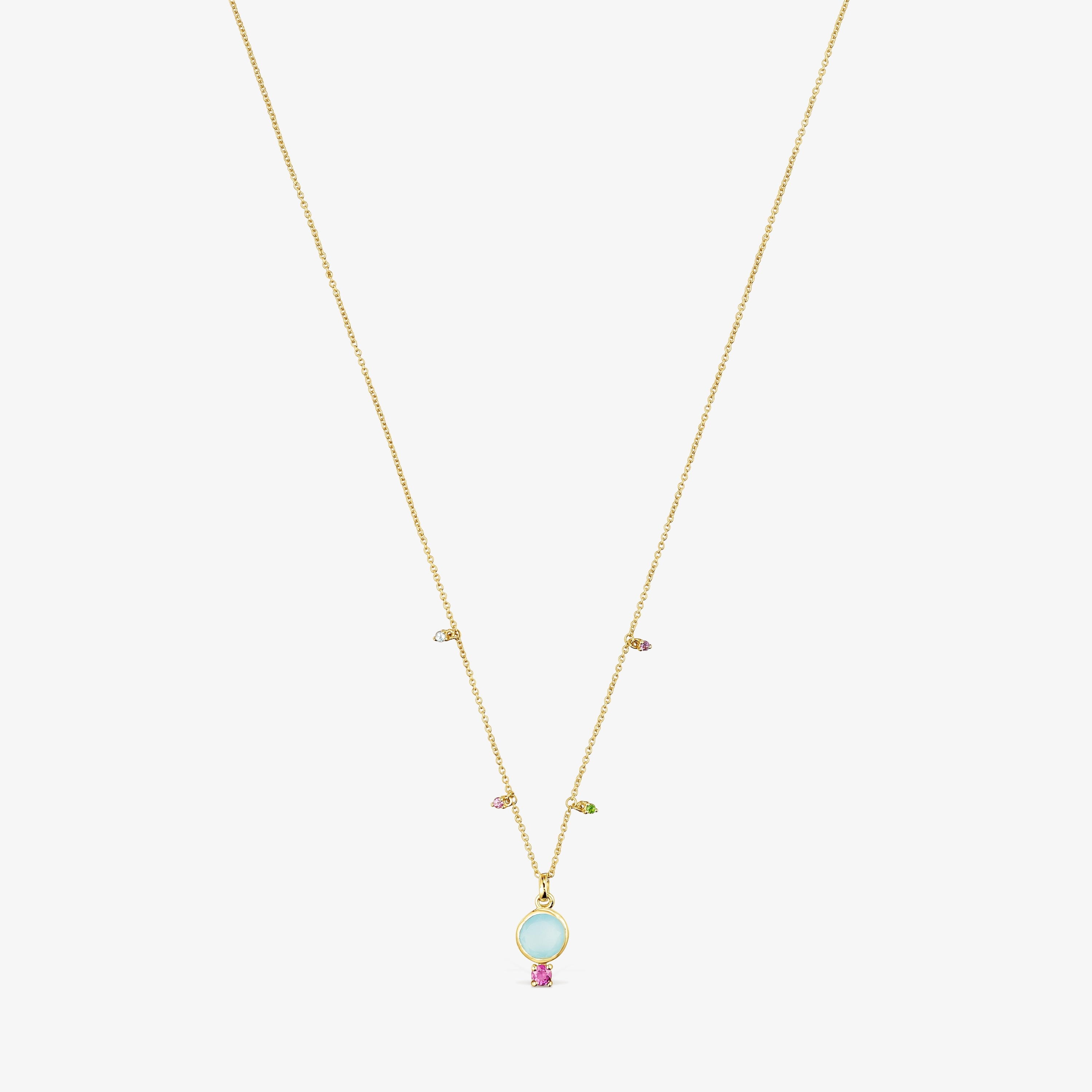 18K Solid Gold Virtual Garden Necklace with chalcedony and gemstones