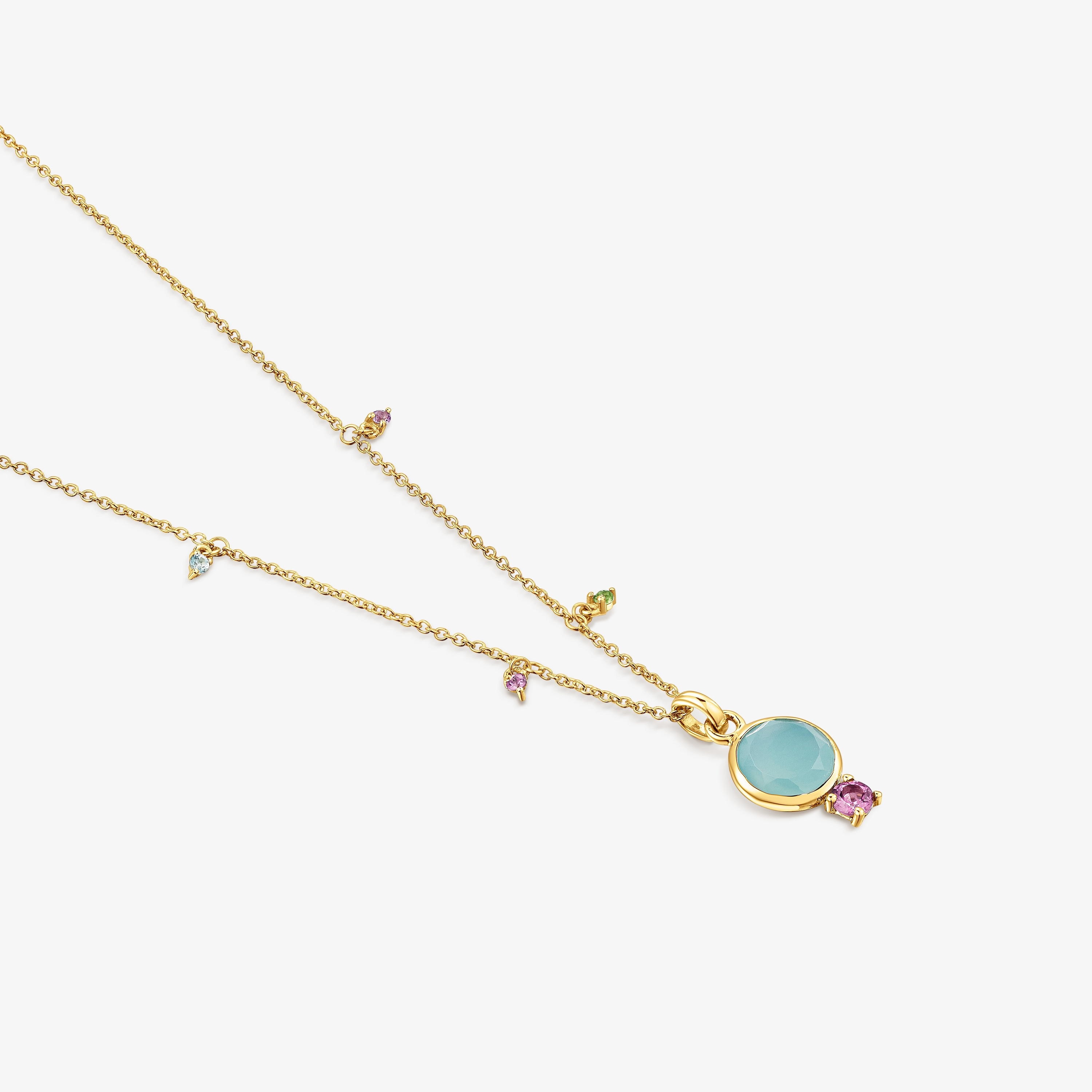 18K Solid Gold Virtual Garden Necklace with chalcedony and gemstones