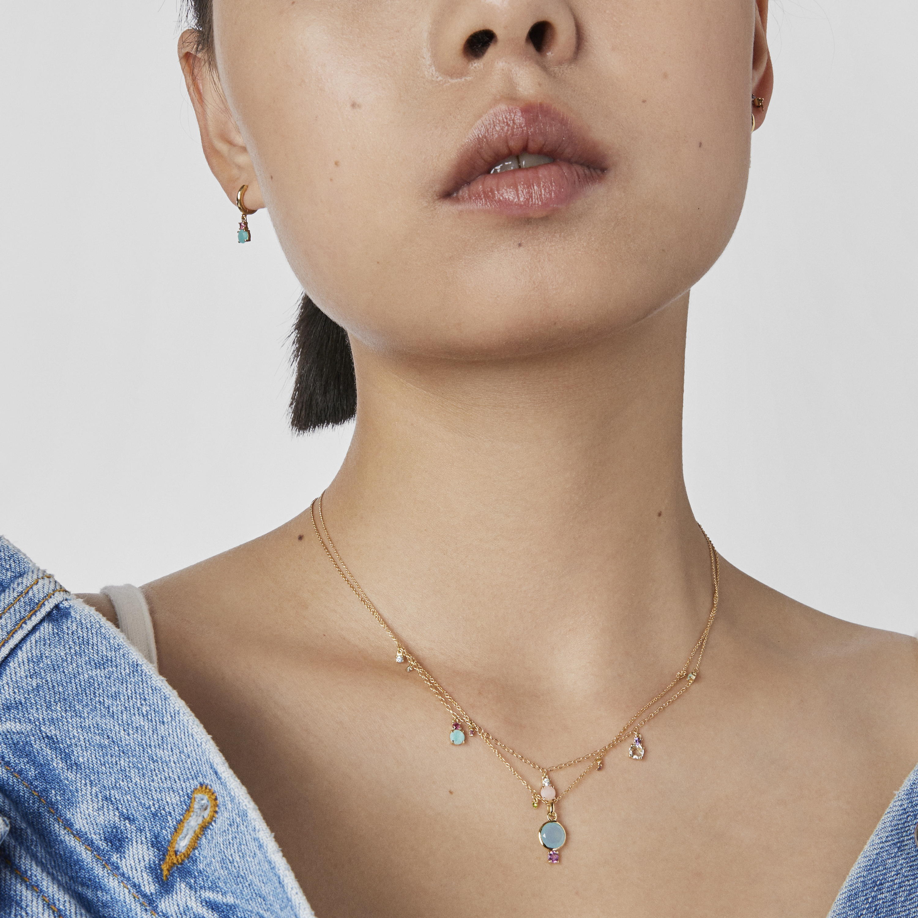 18K Solid Gold Virtual Garden Necklace with chalcedony and gemstones