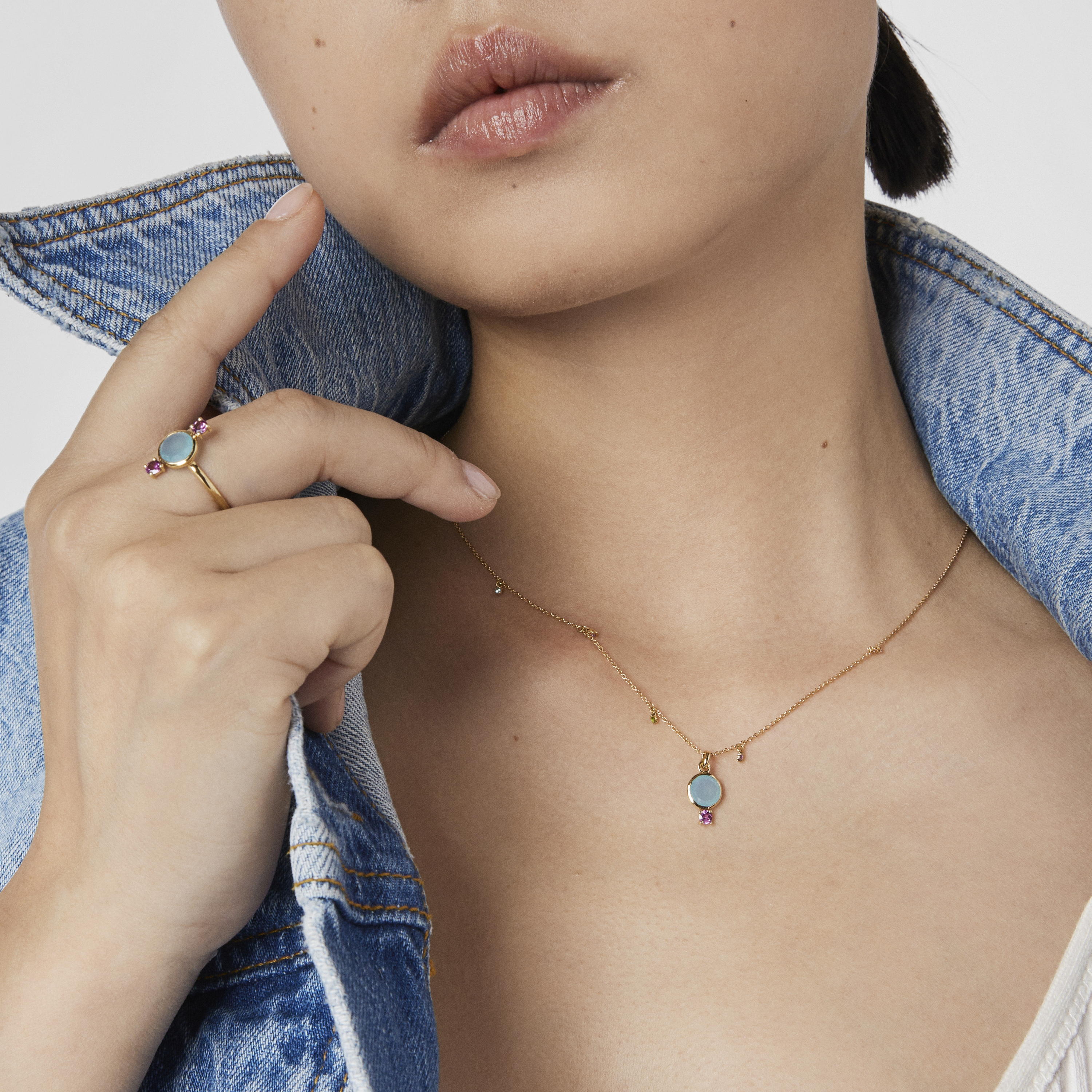 18K Solid Gold Virtual Garden Necklace with chalcedony and gemstones