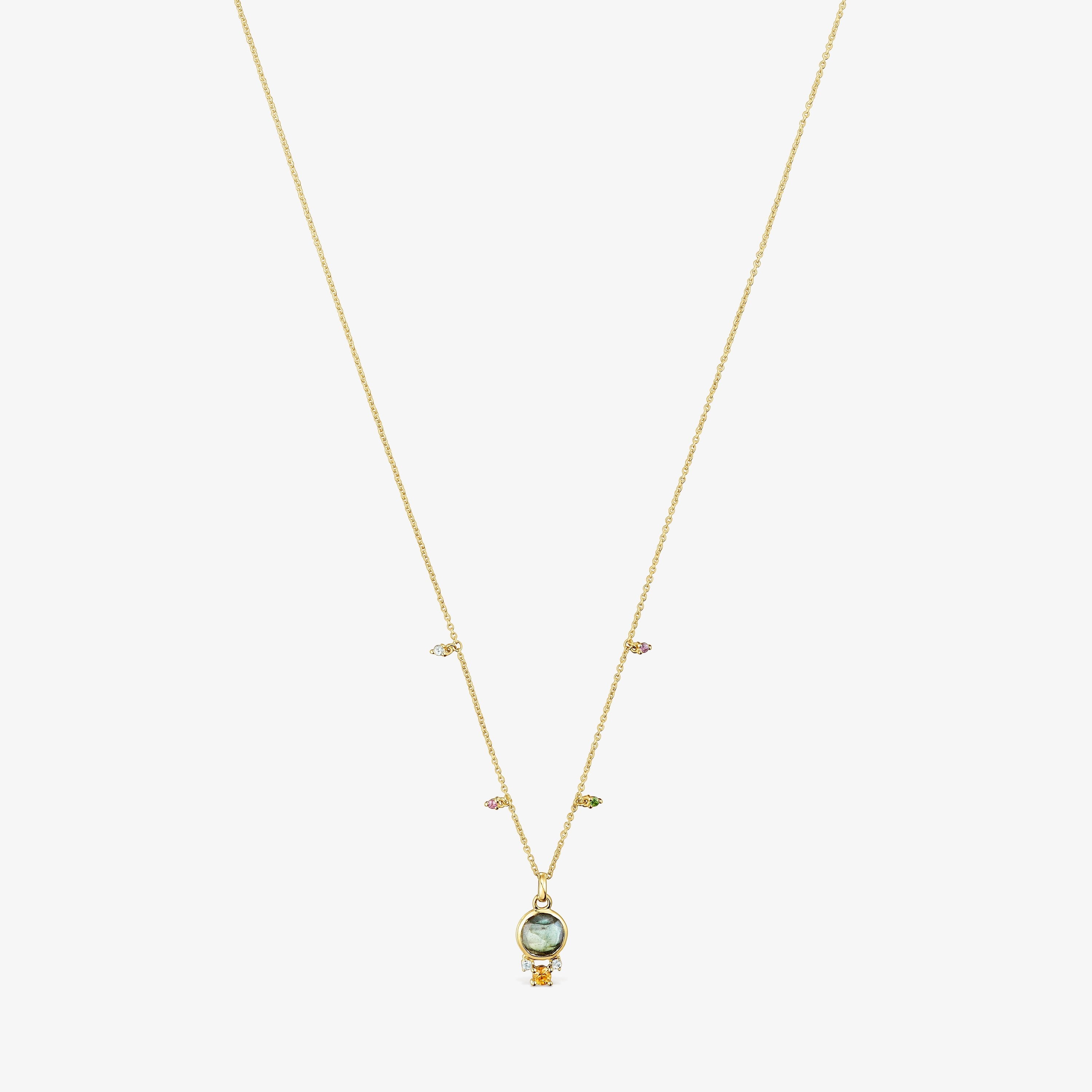18K Solid Gold Virtual Garden Necklace with labradorite and gemstones