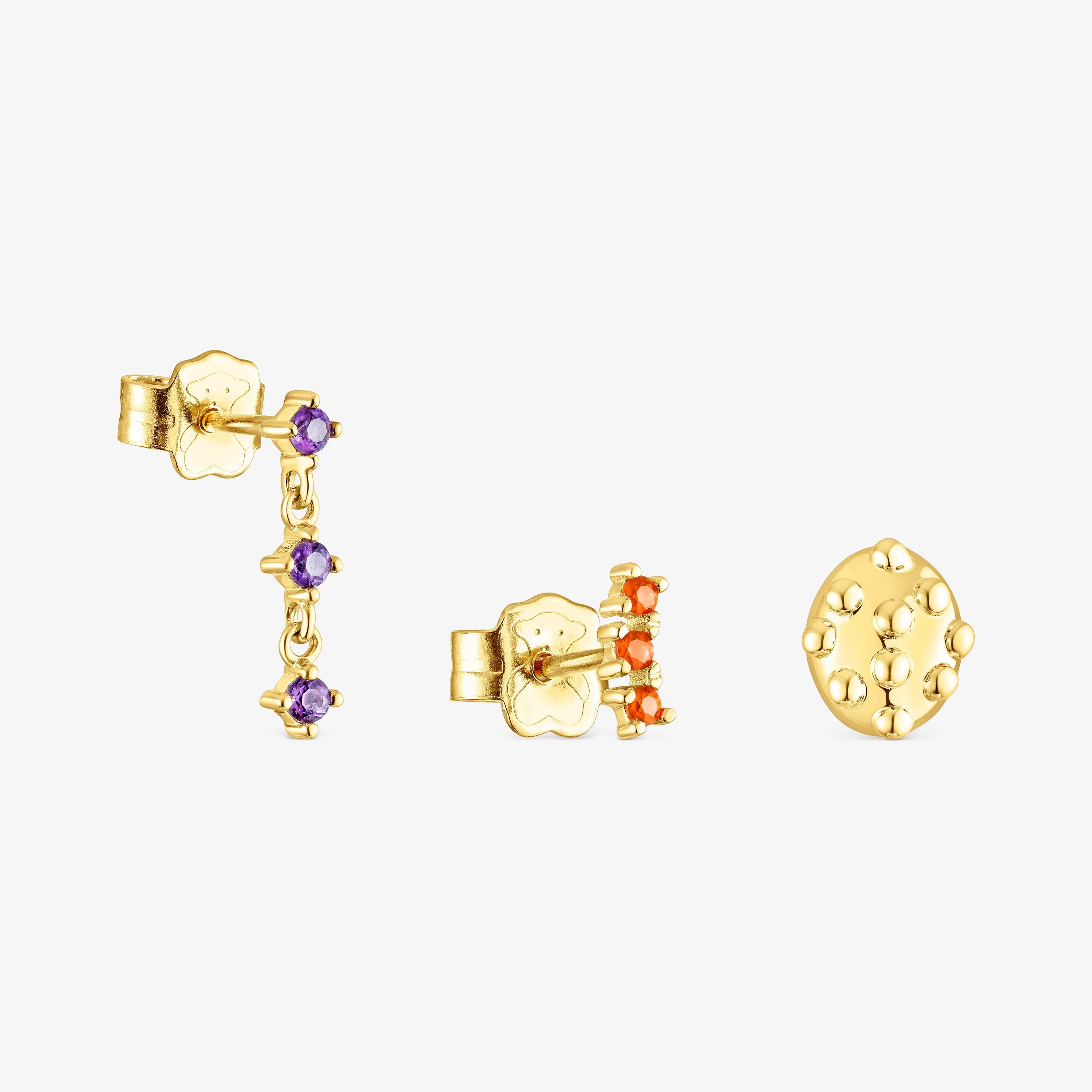 Set of silver vermeil Virtual Garden Earrings with cornelian and amethyst