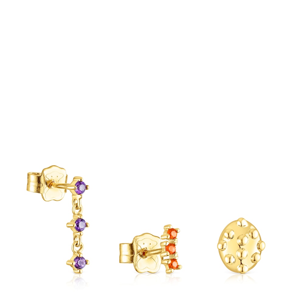 Pack de pendientes con baño de oro 18 kt sobre plata, cornalina y amatista Virtual Garden image number 0