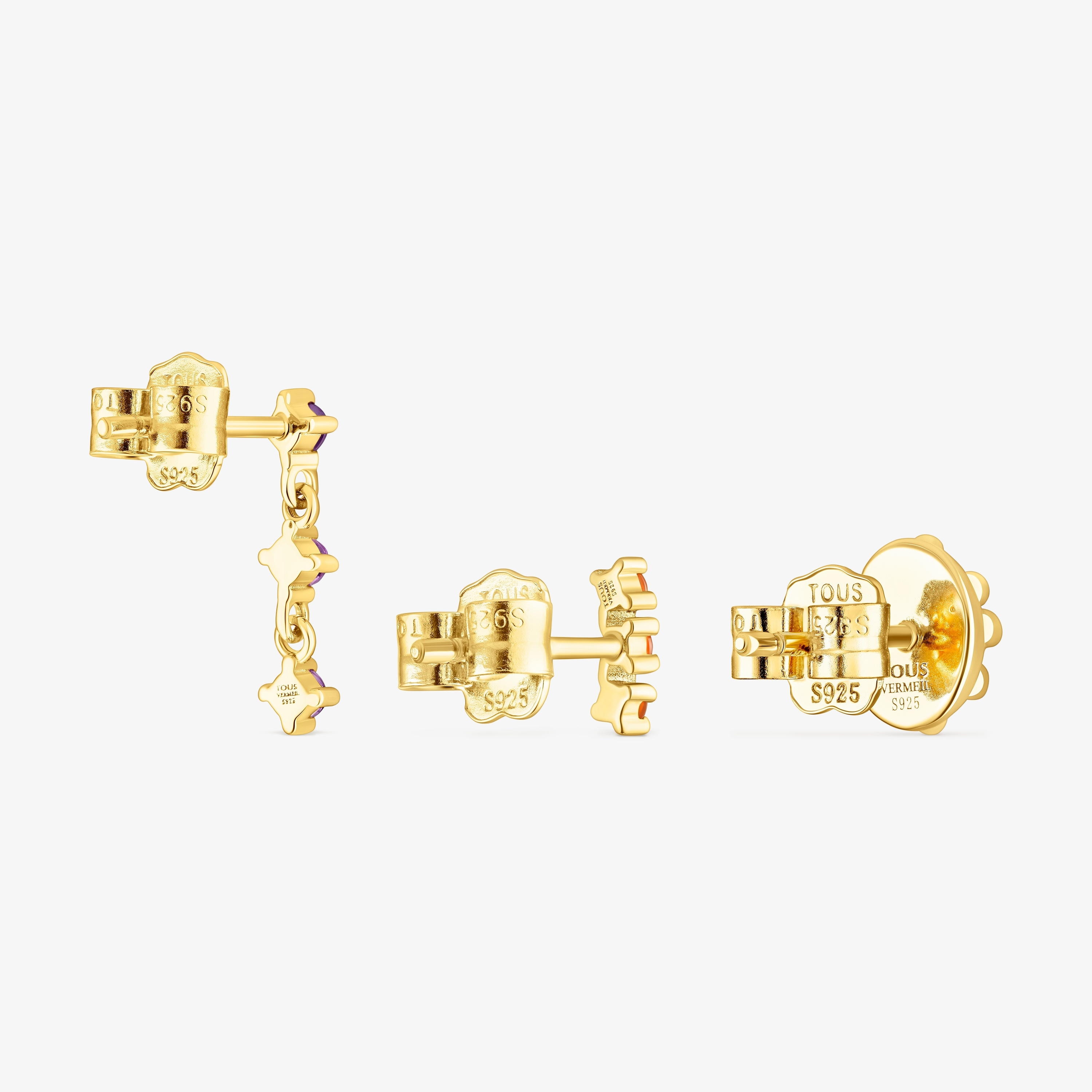 Set of silver vermeil Virtual Garden Earrings with cornelian and amethyst