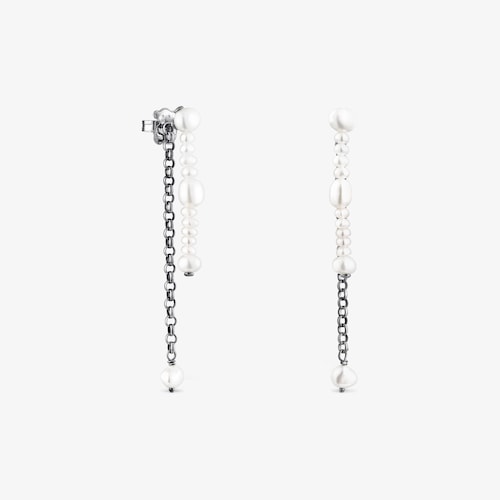 Brincos duplos Virtual&nbsp;Garden em prata dark silver com p&eacute;rolas cultivadas