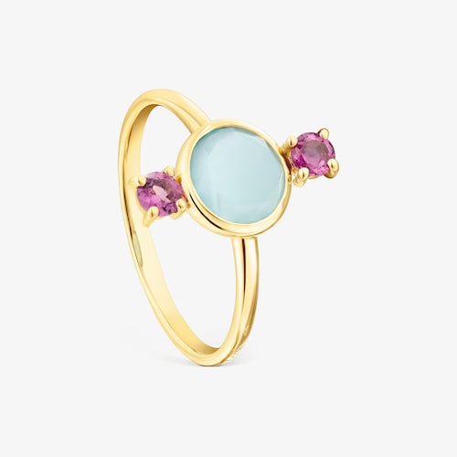 18K solid gold Virtual&nbsp;Garden Ring with chalcedony and rhodolite