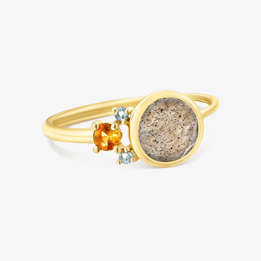 Pierścionek Virtual&nbsp;Garden wykonany ze złota z labradorytem, ​​szafirem i topazem