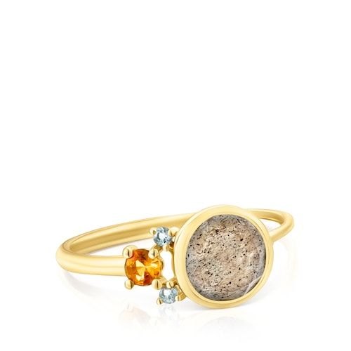 Gold Virtual Garden Ring with labradorite, sapphire and topaz
