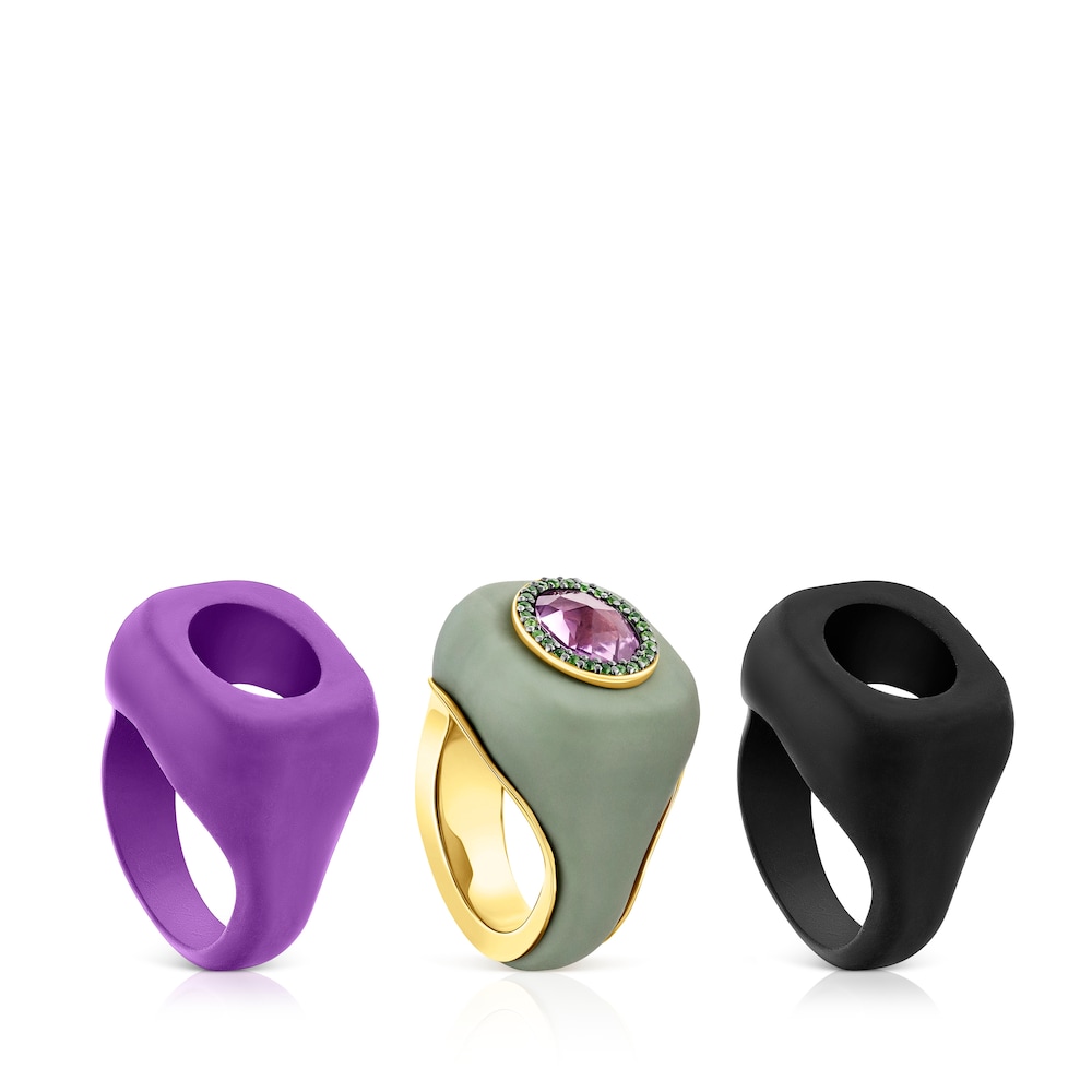 Anillo sello con baño de oro 18 kt sobre plata, fundas intercambiables y amatista Virtual Garden image number 0