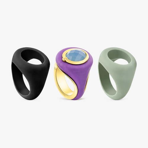 Anillo sello con ba&ntilde;o de oro 18 kt sobre plata, fundas intercambiables y calcedonia Virtual Garden