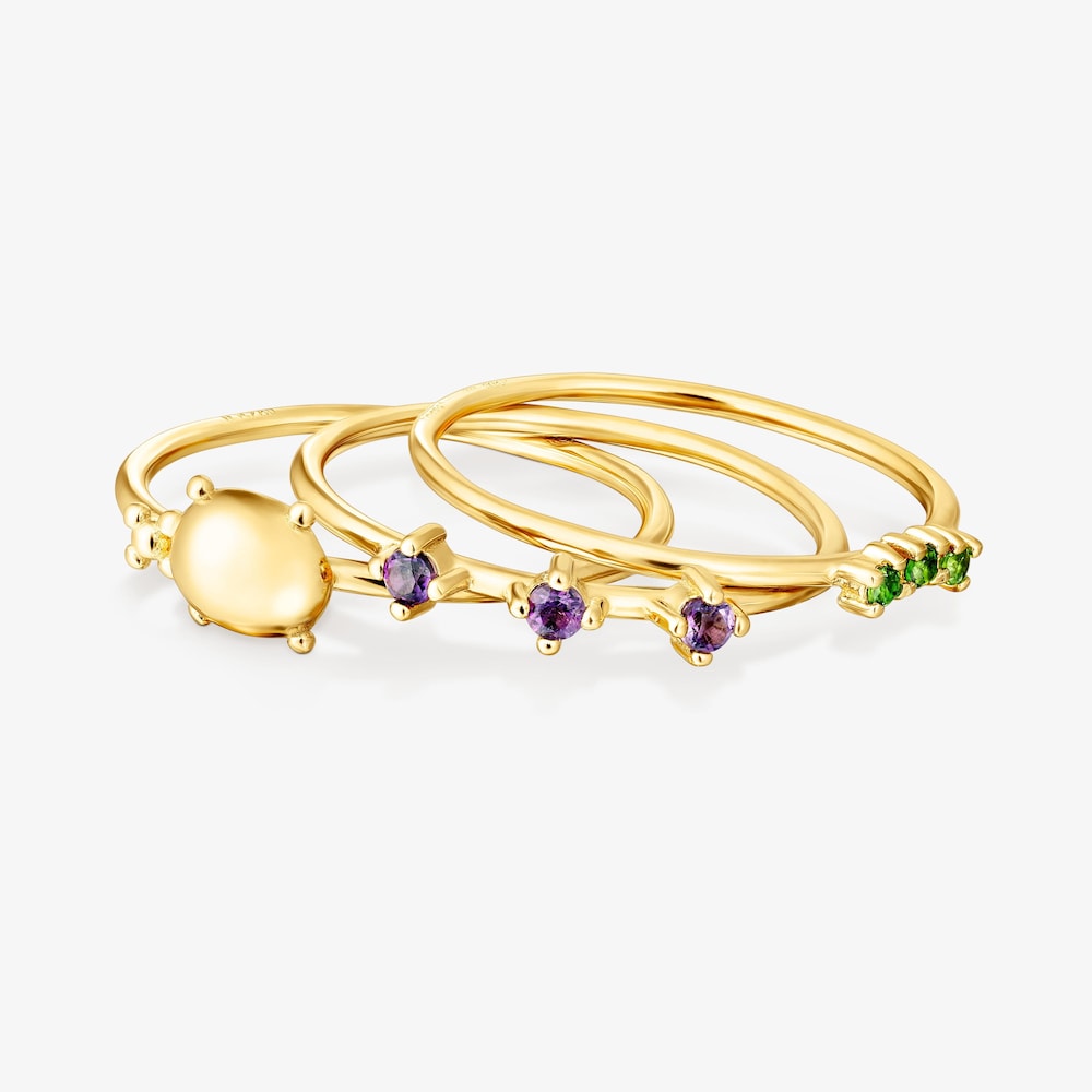 Sada tř&iacute; Prstenů Virtual&nbsp;Garden z&nbsp;pozlacen&eacute;ho stř&iacute;bra s&nbsp;drah&yacute;mi kameny