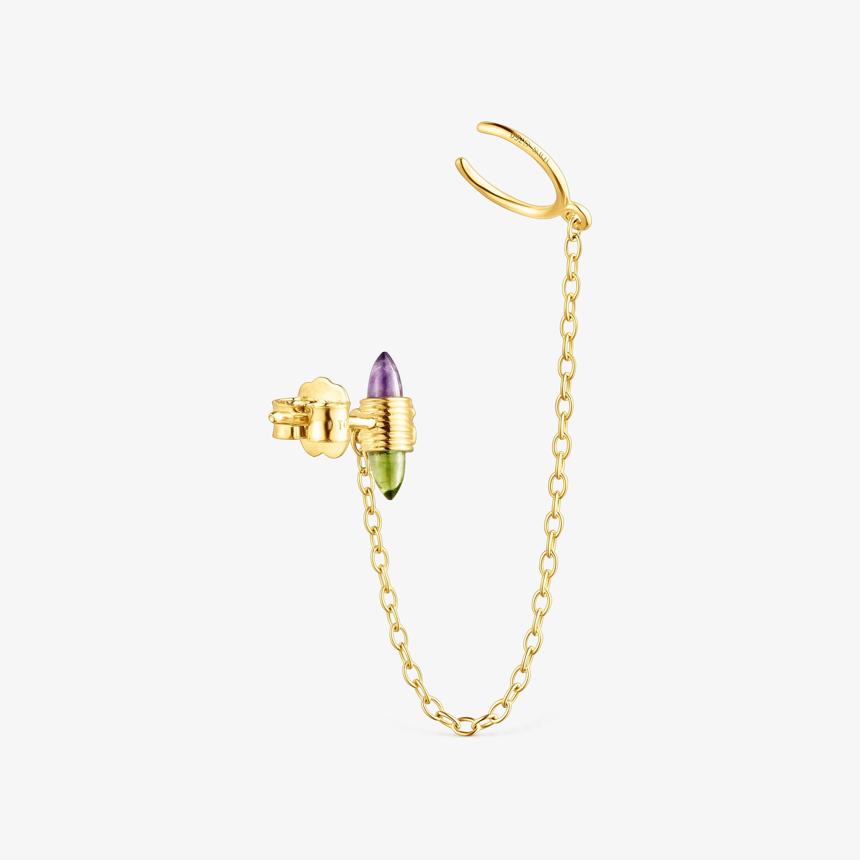 18K Solid Gold Lure Chain earcuff with gemstones