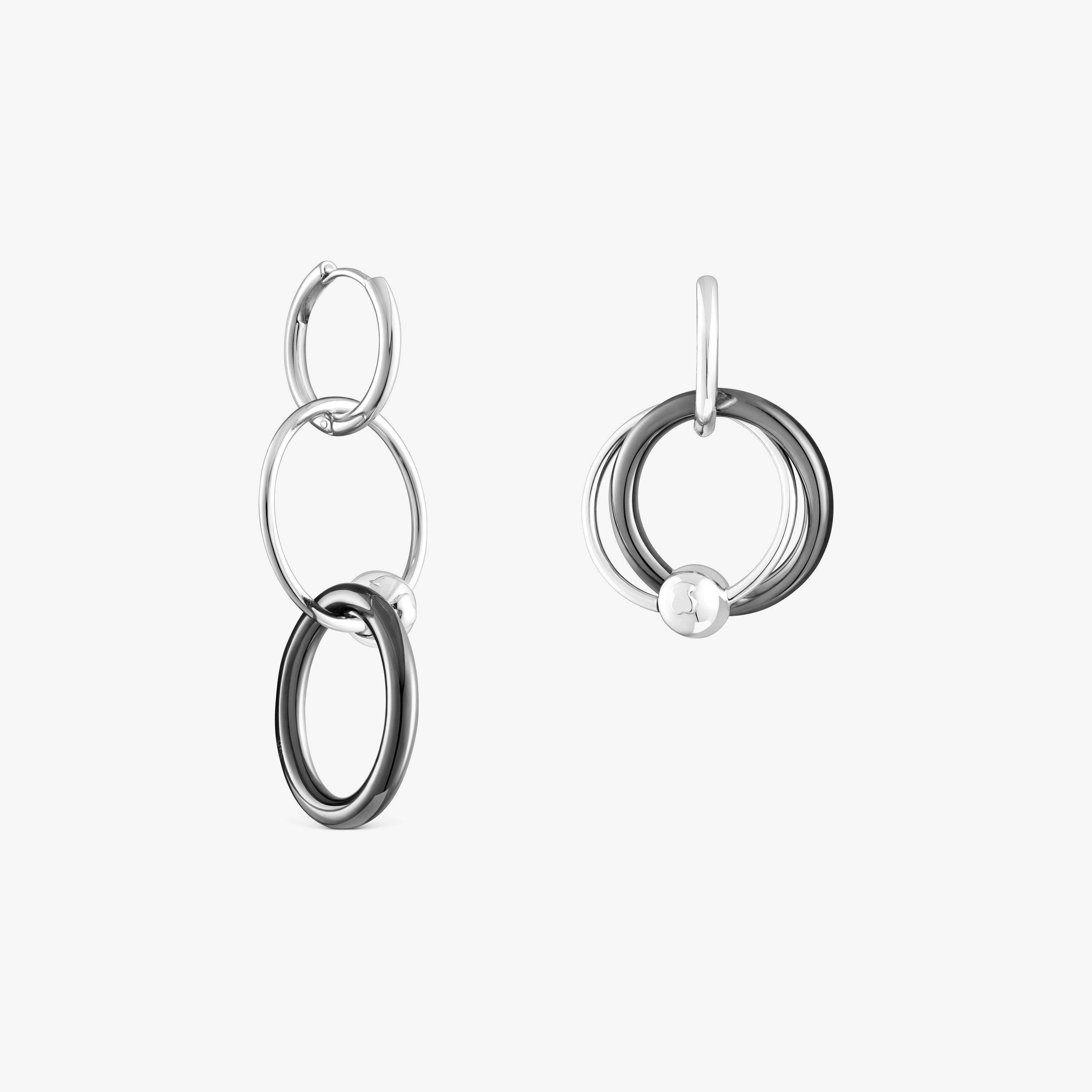 Silver and dark silver Plump Double hoop earrings