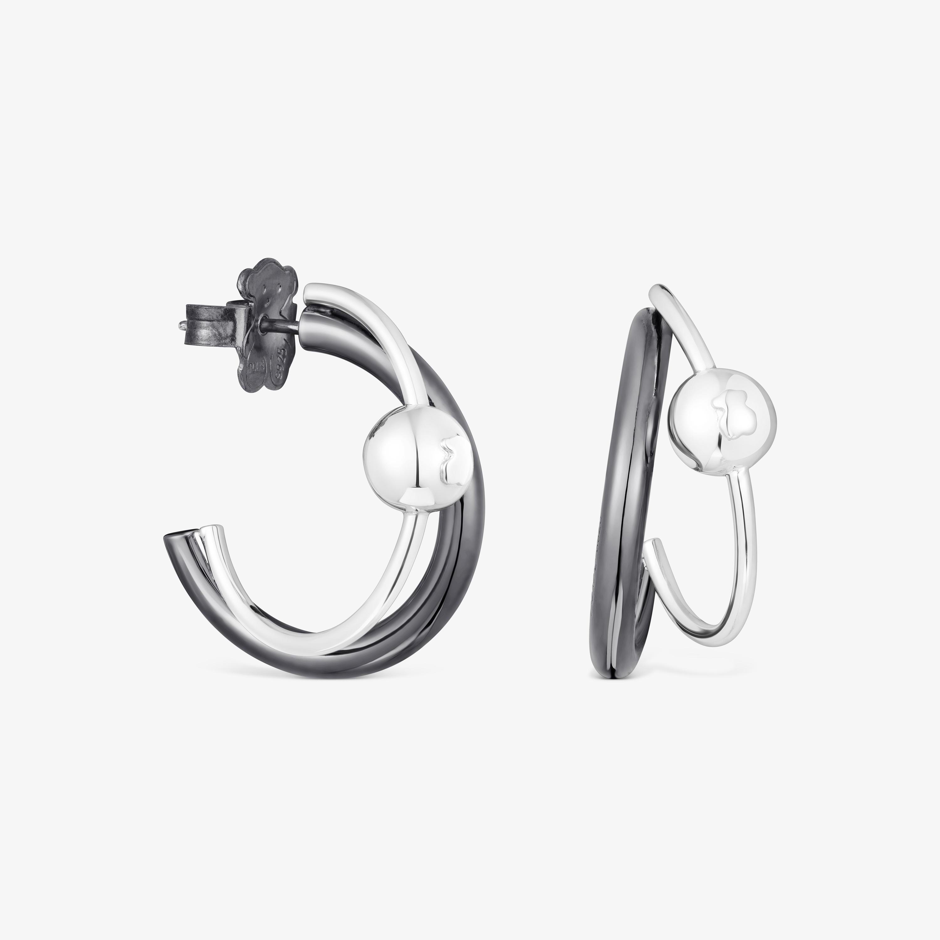 Silver and dark silver Plump Double hoop earrings
