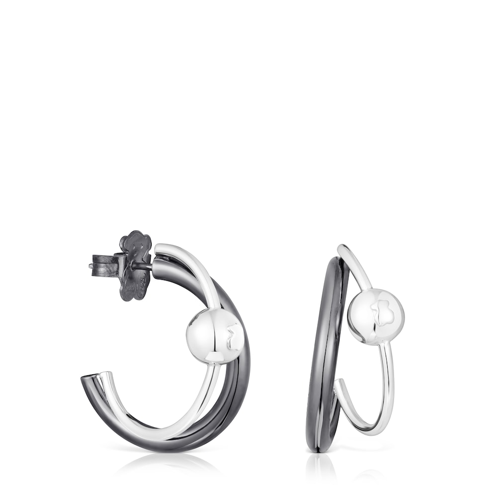 Silver and dark silver Plump Double hoop earrings