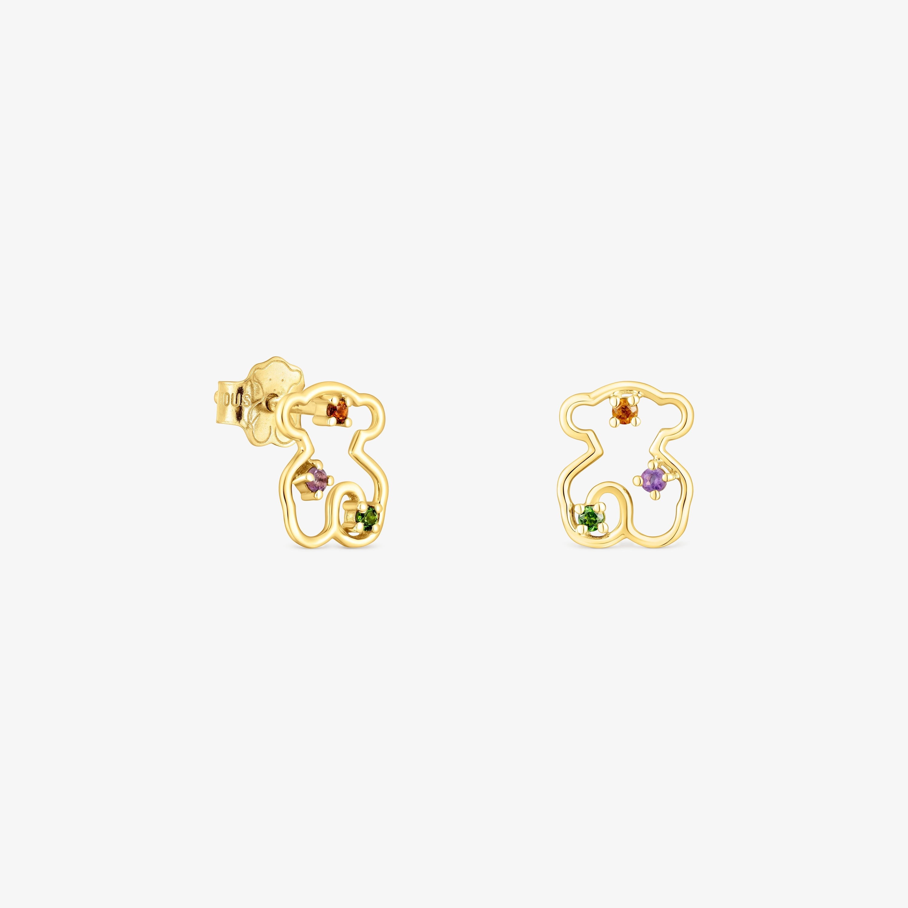 18K Solid Gold Tsuri Bear earrings with gemstones