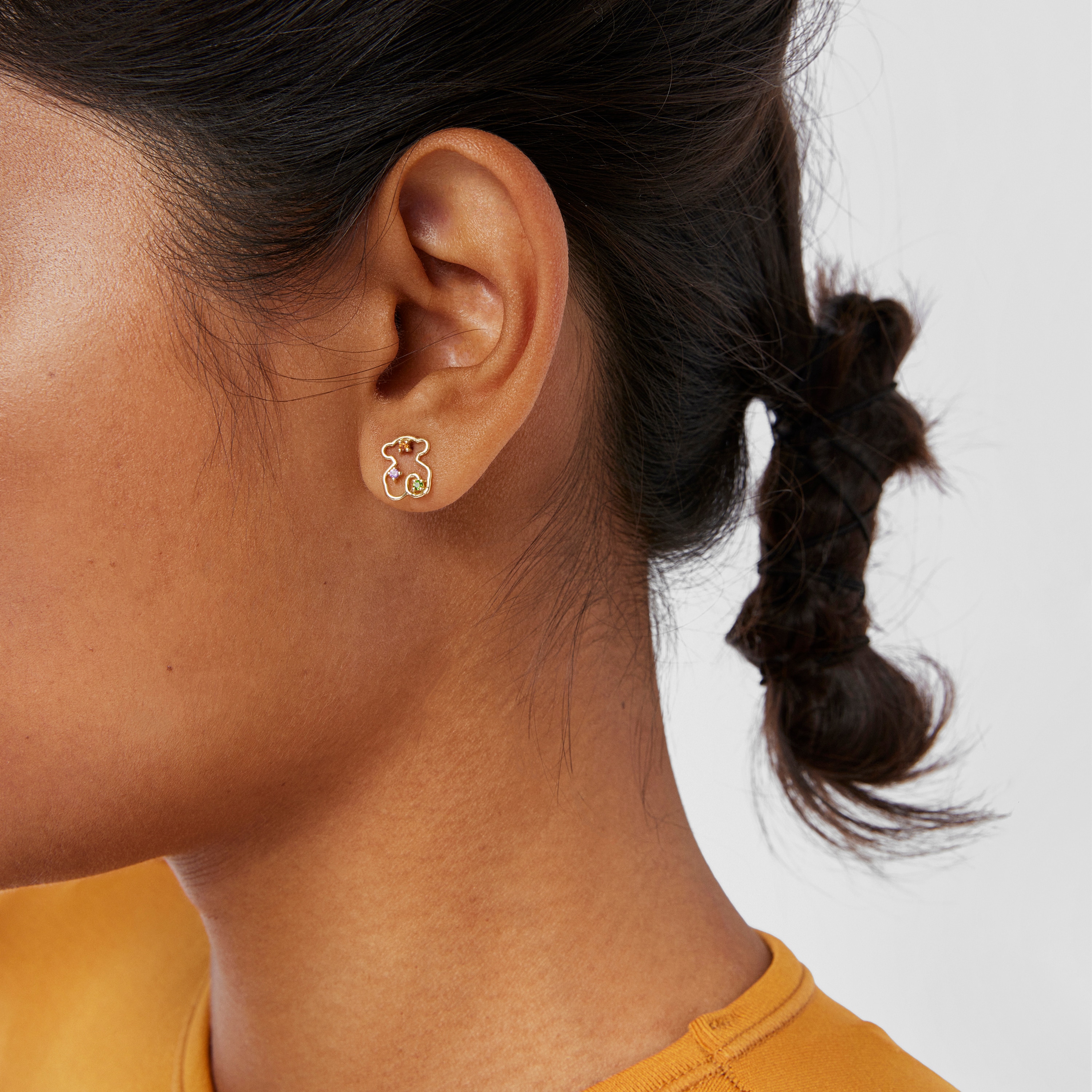 18K Solid Gold Tsuri Bear earrings with gemstones