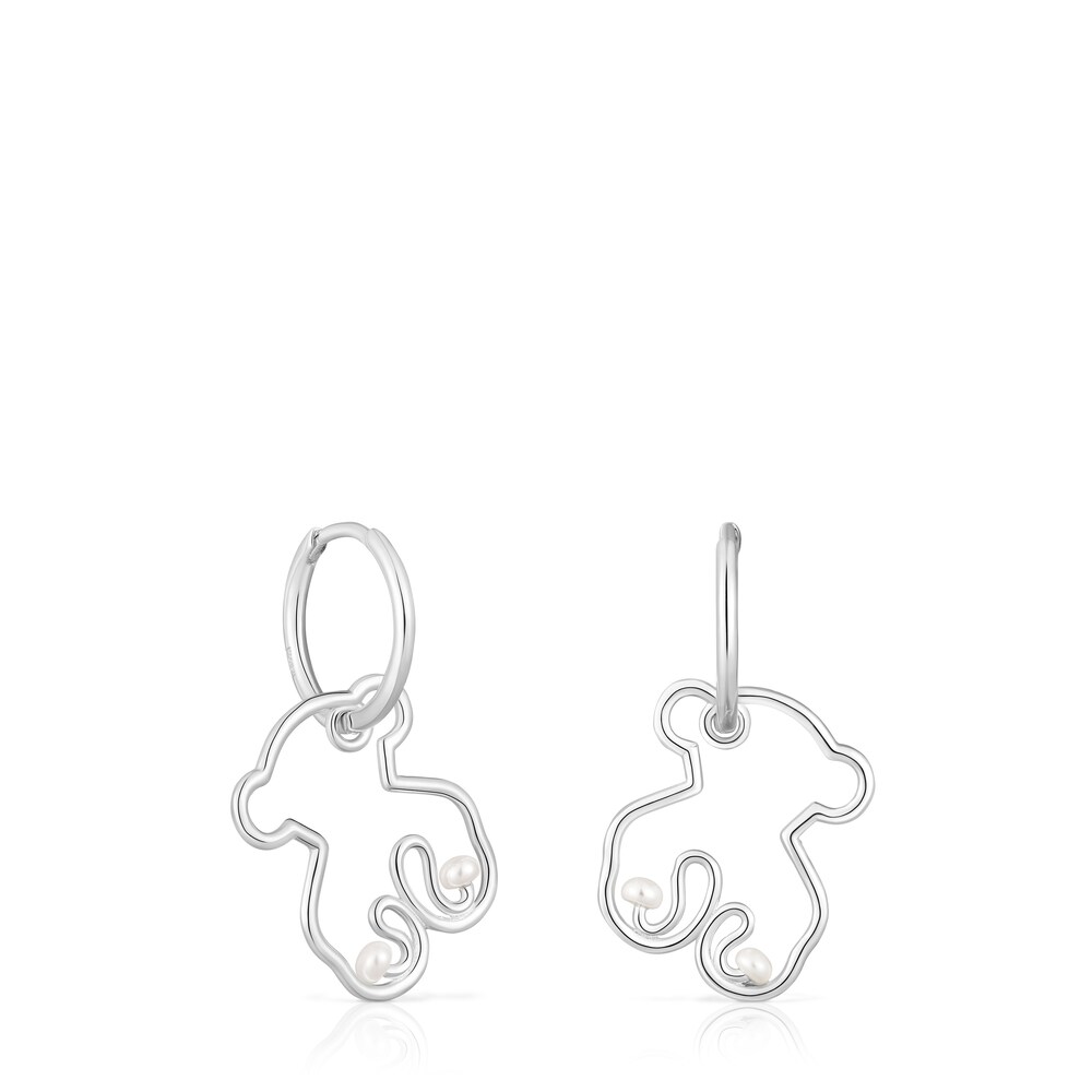 Silver Tsuri Bear hoop earrings with cultured pearls image number 0